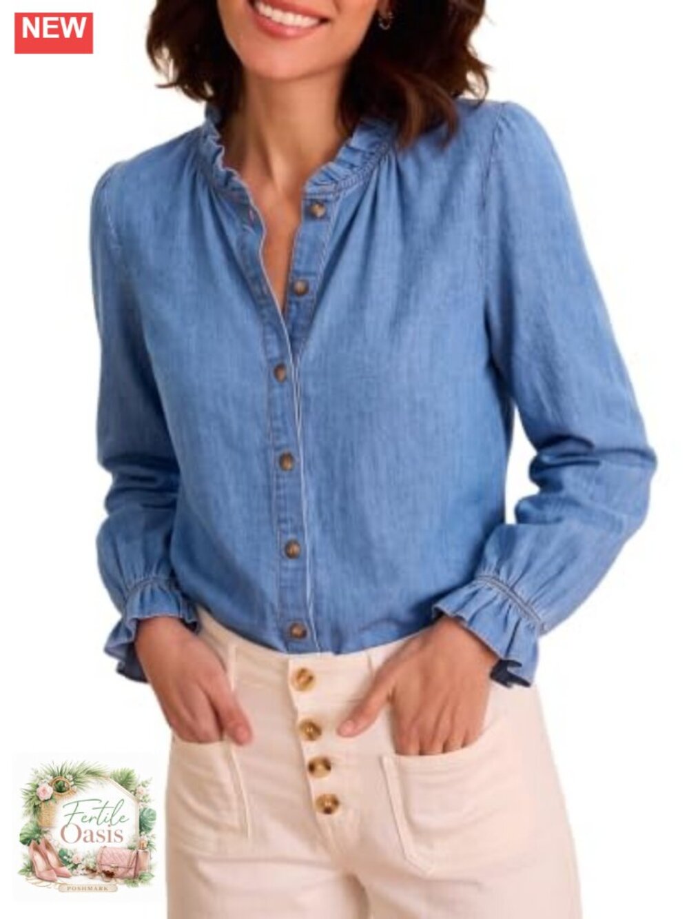 Ruffle Button Down Denim Shirt Long Sleeve Blouse Cotton Blend